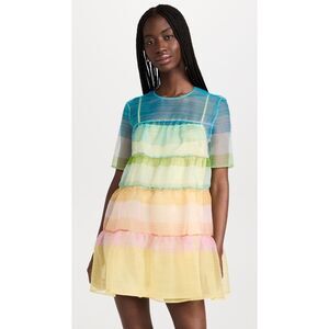 Staud Sheer Organza Hyacinth Short Sleeve Tiered Mini Dress Multicolor XS